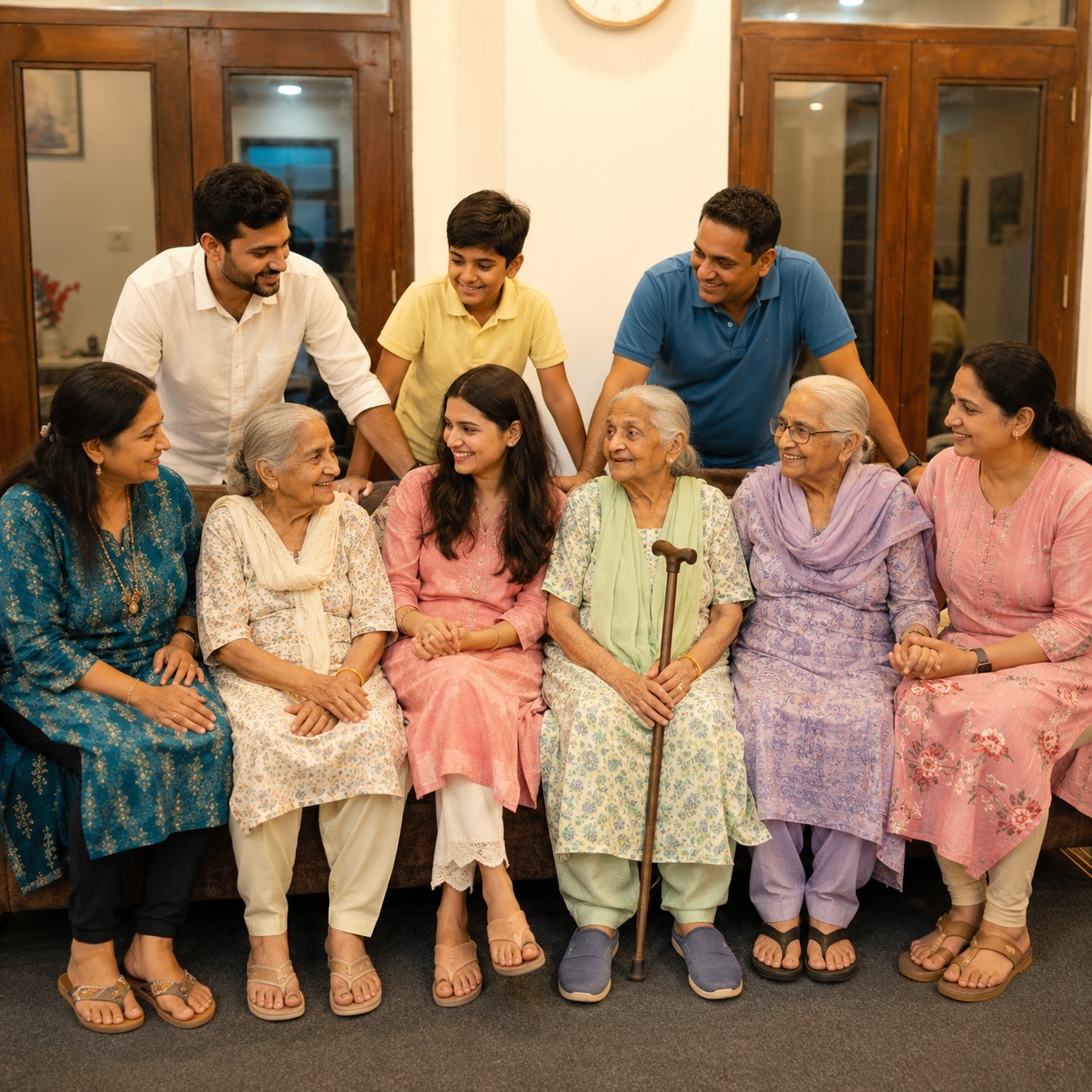 Family Connectivity — Elder on video call with family, nurse assisting